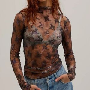 Free People Black Floral Mesh Top